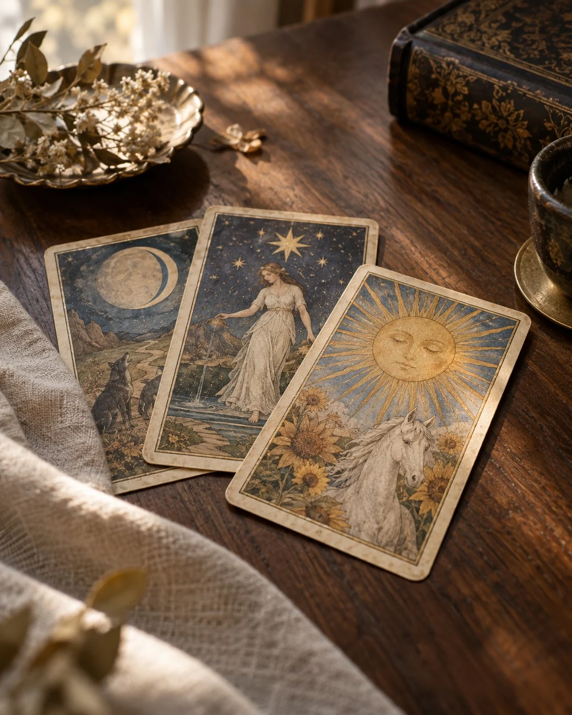 塔羅牌的月亮、星星與太陽圖像，作為塔羅諮詢的情境示意
