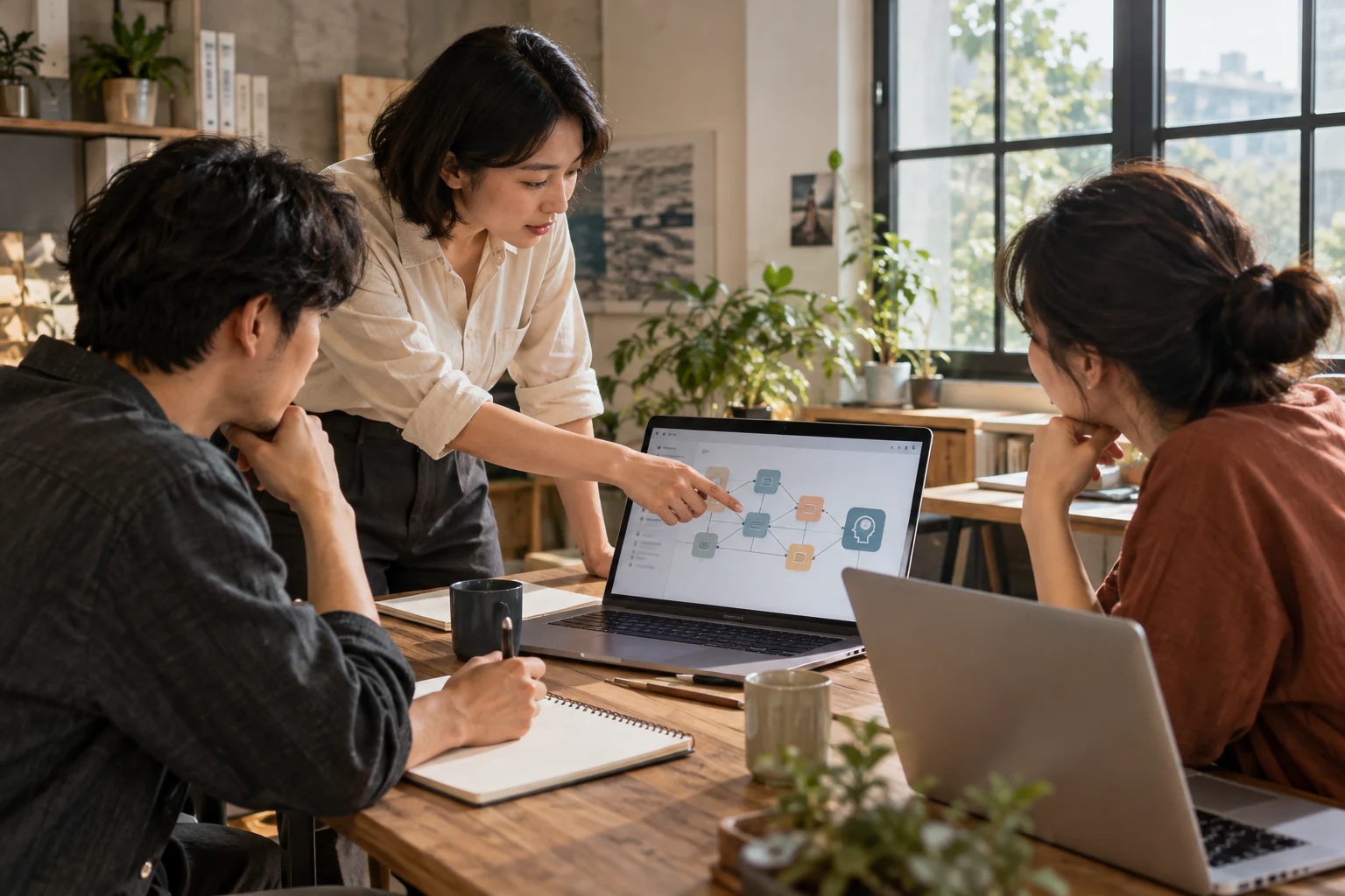 團隊圍繞電腦練習 AI 工作流程，企業培訓 AI 介紹圖